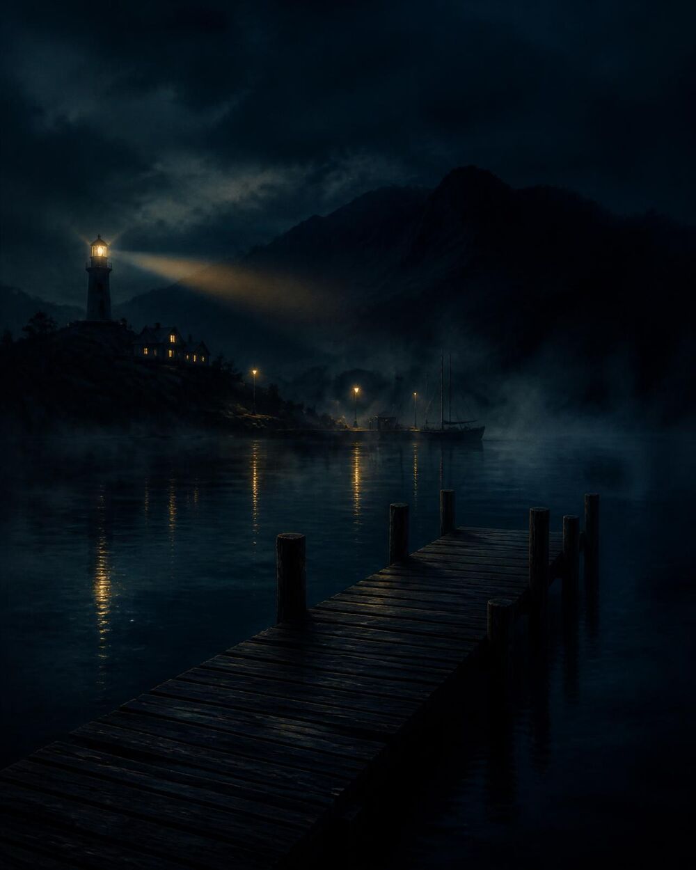 An illustration of an empty wooden jetty in a dark harbour, with a distant lighthouse beam.