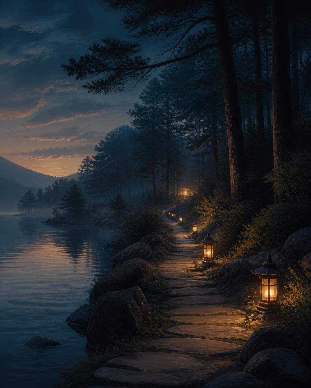 An illustration of a lakeside path at dusk lit by a line of warm lanterns.