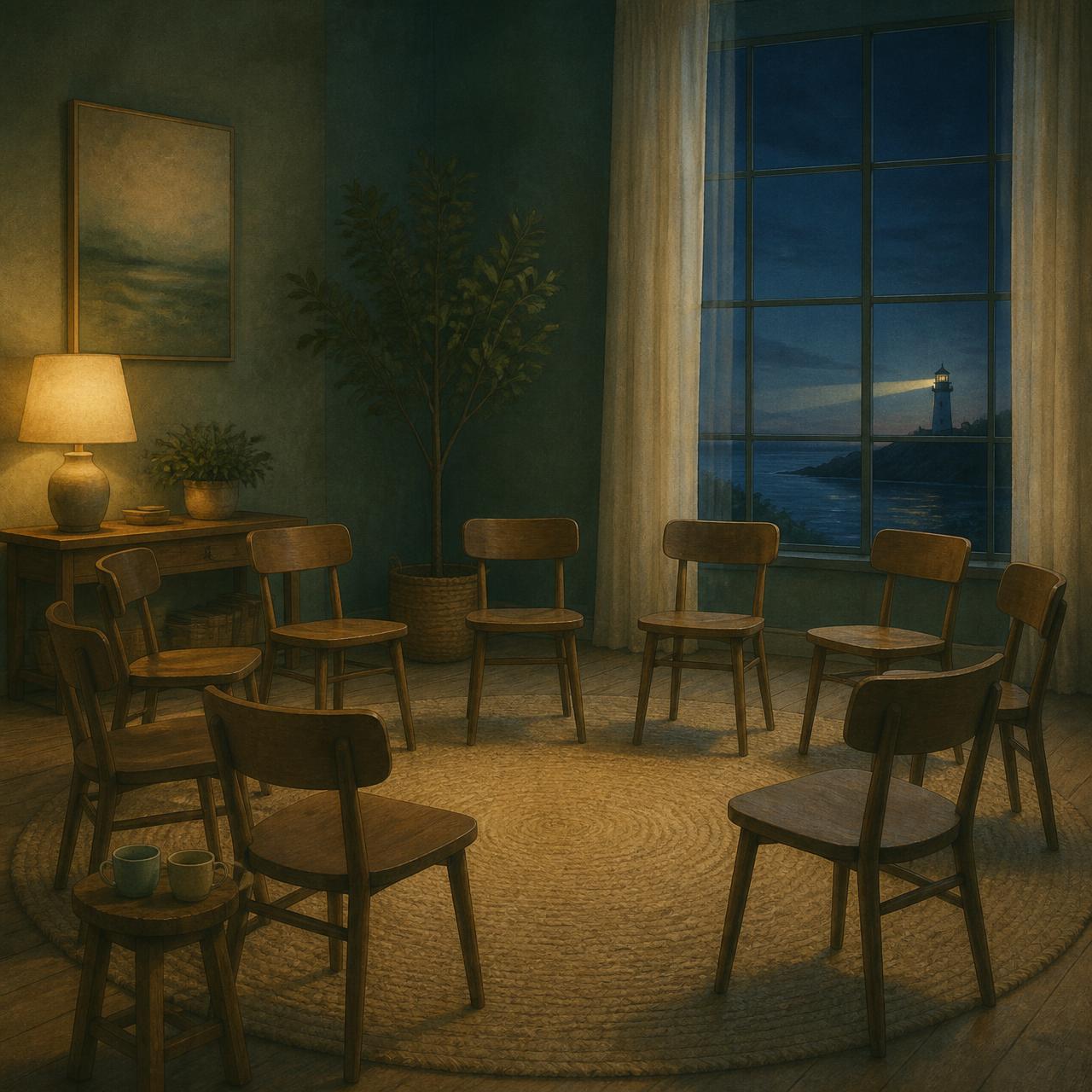 An illustration of a HARBOR room between meetings: a ring of chairs, a lamp still lit and a lighthouse beam through the window.