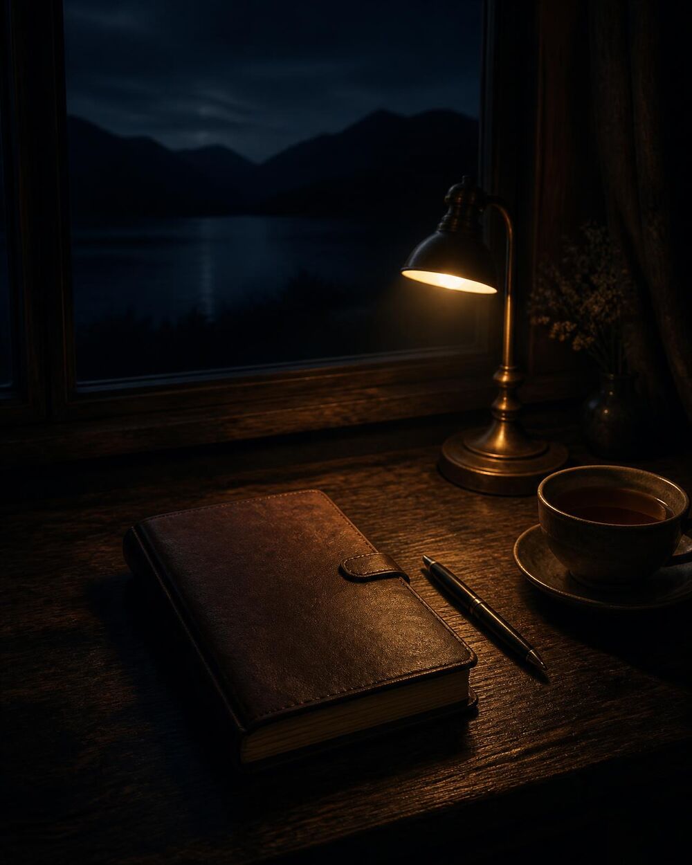 An illustration of a closed notebook and a pen on a desk beside a warm lamp at night.