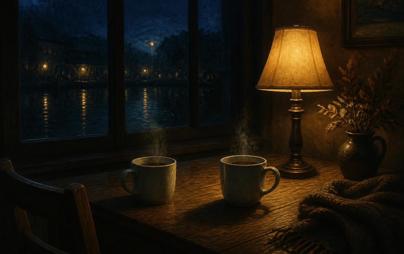 Two mugs of coffee on a table beside a dark window, lit by one warm lamp.